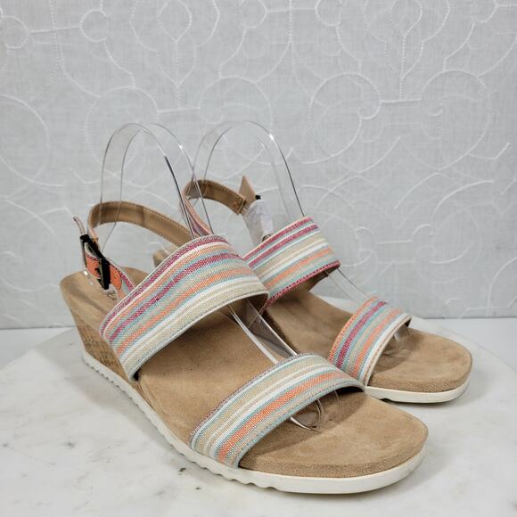 Abella Sicilia Wedge Sandals Womens 9 Pink Stripe Strap Cork Buckle Comfort - Picture 1 of 16